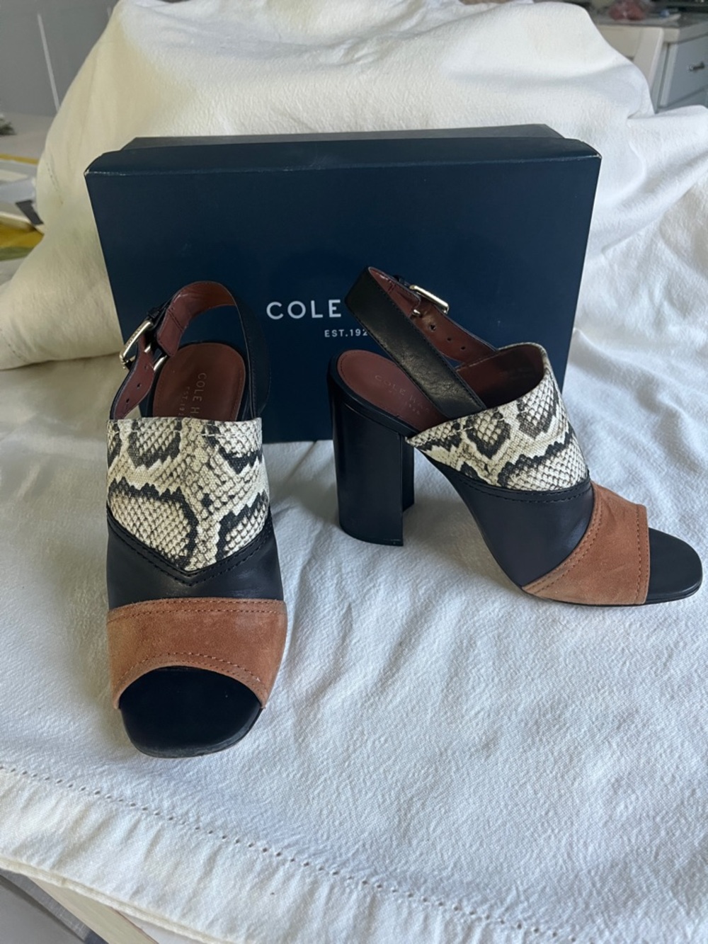 Cole Haan Black Brown and Snake-Print Block Heel Sandals